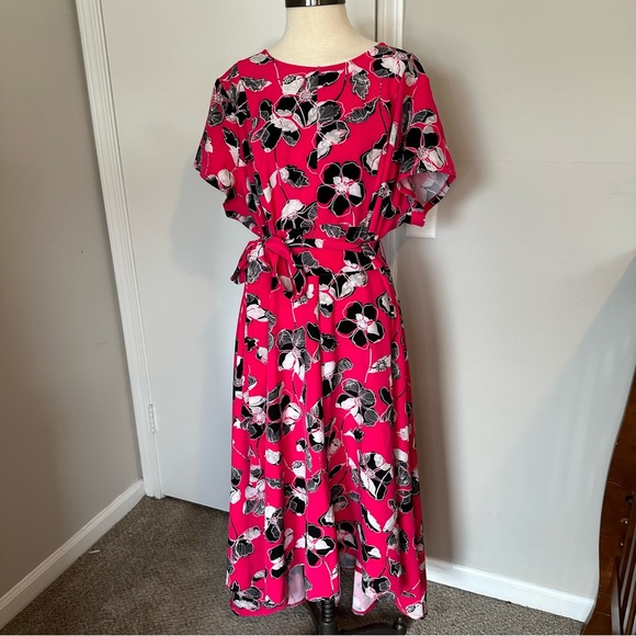 Lane Bryant Pink Black Poppy Floral Hi Low Summer Dress Size 24 - Picture 1 of 5